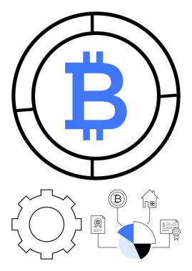 Bölünmüş daire içindeki Bitcoin logosu kripto para, teknoloji ve finans birimlerini vurguluyor. Çarklar, tablolar ve ev unsurları blok zinciri, veri, yatırım ve dijital işlemleri temsil etmektedir. Fintech için ideal