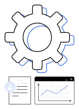 Belge ve grafik ile donanım iş akışı, veri analizi, optimizasyon ve ilerlemeyi vurgular. İşletme, üretkenlik, strateji, planlama, yönetim otomasyonu için ideal basit bir metafor