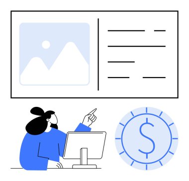 Masadaki kadın dijital arayüzü çizelge, görüntü ve para birimi konseptiyle inceliyor. Finans, teknoloji, analitik, iş, karar verme eğitimi için idealdir. Düz basit metafor