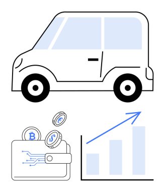 Yükselen büyüme grafiğinin yanında kripto para birimleri ve dijital cüzdanı olan elektrikli bir araç. Finans, eko-ticaret, yenilik, teknoloji, yatırım, sürdürülebilirlik, yeşil enerji için idealdir. Düz