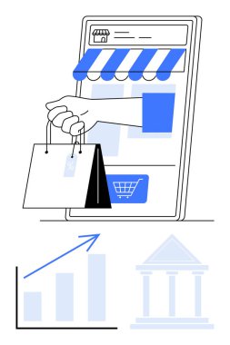 El ele tutuşan çantalar, telefon ekranı vitrininden online mağaza, araba ikonu ve finansal büyüme için yukarı doğru grafikler çıkıyor. Perakende, trendler, teknoloji, başarı, ekonomi ve veri düzlüğü için ideal