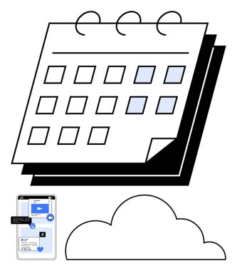 Vurgulanmış tarihler, olay ayrıntılarını gösteren mobil arayüz ve bulut sembollü takvim. Üretkenlik, programlama, zaman yönetimi, organizasyon, uzaktan kumandalı takım çalışması ve planlama için ideal. Düz