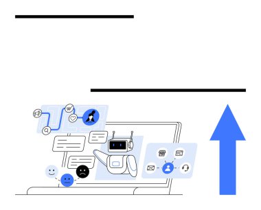 Yapay zeka sohbet robotu, geri besleme simgeleri, kullanıcı verileri ve büyüme okunu gösteren dizüstü bilgisayar ekranı. İletişim, otomasyon, yapay zeka geliştirme, veri analizi, kullanıcı etkileşimi geri besleme analizi ve iş