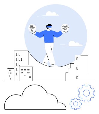 Sanal gerçeklik kulaklığı takan kişi şehrin üzerinde ampul ve el sıkışmayı dengeler. Teknoloji, yenilik, takım çalışması, fütürizm, yaratıcılık, sanal işbirliği, kentsel kalkınma için ideal