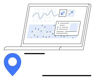 Çizelgeleri, grafikleri ve veri analiz arayüzü olan dizüstü bilgisayar ekranı. İzleme için mavi lokasyon. Teknoloji, analitik, navigasyon, pazarlama, veri bilimi üretkenliği için ideal. Düz