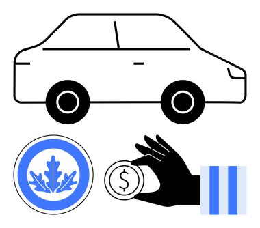 Siyah araba taslağı, yapraklı eko-rozet, el ele tutuşma madeni para ve finansal unsur. Ekoloji, ekonomi, otomotiv, sürdürülebilirlik yeşil enerji finansal planlaması ve eko-ulaşım için ideal. Düz