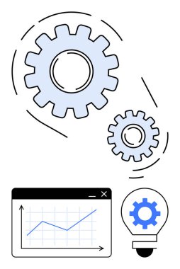 Hareket halindeki dişli mekanizmalar, dişli bir ampul ve yukarı doğru bir grafik işbirliği, yenilik, ilerleme, analitik, takım çalışması, üretkenlik ve başarıyı simgeliyor. Düz basit metafor için ideal