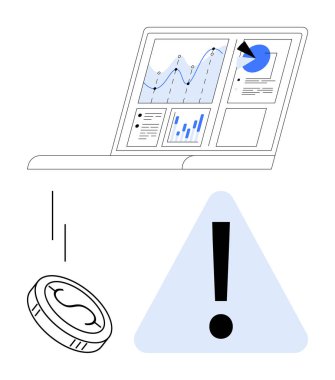 Analiz, bozuk para ve ünlem uyarı sembollerini gösteren dizüstü bilgisayar finansal riski vurguluyor. Finans, iş, veri, ekonomi ve risk değerlendirmesi için idealdir. Düz basit