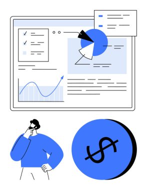 Pasta grafiği, kontrol listesi ve grafiği olan bir ekranda mali veriler. Analiz ve düşünme. İş, finans, planlama, strateji, analiz takım çalışması için ideal basit bir metafor