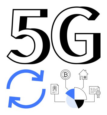 Kalın 5G metin, mavi dairesel oklar ve şifreli para biriminin bağlı simgeleri, ev, sertifika ve pasta grafiği ileri bağlantıyı işaret eder. Teknoloji, finans ve veri paylaşımı için ideal IoT engelleme zinciri