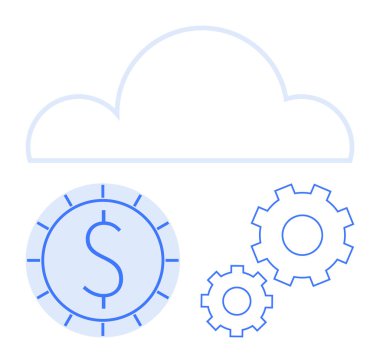 Dolar işaretli para üstü bulut ve bağlı vitesler fintech, bulut hizmetleri, otomasyon, veri depolama, maliyet optimizasyonu, entegrasyon ve dijital dönüşümü sembolize eder. Basit bir daire için ideal