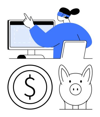 VR kulaklıklı kişi, yanında dolar işareti ve kumbarası olan bir para ile ekranla etkileşime geçiyor. Finans teknolojisi, tasarruf, bütçe, yenilik, yatırım, VR uygulamaları için ideal