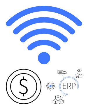 Dairesel dolar işaretinin üstündeki mavi kablosuz ikon, ERP döngüsü şeması ve endüstriyel semboller. Teknoloji, finans, tedarik zinciri, bağlantı, üretkenlik otomasyon bulut hesaplaması için ideal. Düz