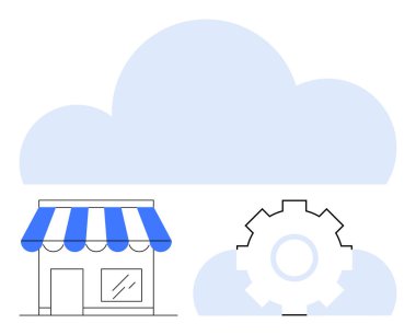 Bulutun altındaki vites kutusunun yanında mavi tente olan bir dükkan. E-ticaret, bulut depolama, SaaS araçları, dijital dönüşüm, otomasyon, geliştirme, bulut tabanlı işlemler için ideal. Düz basit metafor