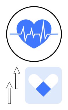 Mavi kalp ECG çizgisi, yukarı doğru oklar ve geometrik kalp tasarımı büyümeyi, sağlığı ve canlılığı simgeliyor. Sağlık, sağlık, fitness, ilerleme kardiyolojisi için idealdir.