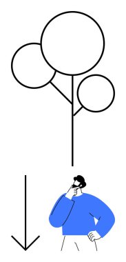 Düşünceli bir insanın üzerinde dairesel dalları olan soyut bir ağaç, aşağı bakan bir okun yanında. Karar verme, büyüme, strateji, tefekkür, yön, odaklanma sadeliği için idealdir. Düz