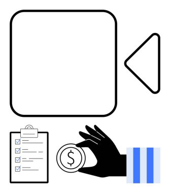 Kontrol listesi ve video oynatma düğmesinin yanında el ele tutuşma, yatırım, görev yönetimi ve multimedya birleşimi. Finans, bütçe, eğitim, içerik oluşturma, iş verimliliği için ideal