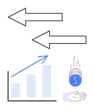 Yukarı doğru ok ile çizelge ilerleyişi yansıtır, madeni paralar el hareketlerini ima eder. Karşıt oklar değiş tokuş ve hareket öneriyor. Finans, yatırım, ilerleme, analiz, tasarruf için ideal