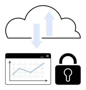 Yukarı ve aşağı okları olan bulut, analitiği gösteren tarayıcı çizelgesi ve güvenli verileri vurgulayan kilit. Bulut depolama, siber güvenlik, veri gizliliği, teknoloji, analitik, güvenlik dijital