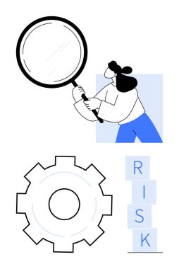 Kadının elinde büyüteç var. Yığılmış RISK bloklarını ve dişli mekanizmasını analiz ediyor. Problem çözme, risk değerlendirmesi, strateji, analiz, dikkat, karar verme, soyut çizgi düz metaforu için ideal