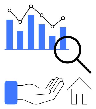 Çubuk grafik arama ve değerlendirme için büyüteçle trend analizini gösteriyor, el desteği simgeliyor, ev ana hatları gayrimenkul odaklarını temsil ediyor. Analiz, finans, konut ve araştırma için ideal