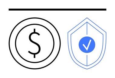 Finansal güvenlik ve korumayı temsil eden işaretli para ve kalkan. Bankacılık, sigorta, tasarruf, yatırım, siber güvenlik, dolandırıcılığı önleme, risk yönetimi için ideal. Düz basit