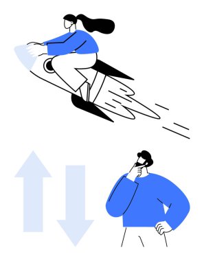 Roketteki kadın gelişimi ve başarıyı simgeler. Erkekler ise sonraki adımları oklarla düşünürler. Yenilik, girişimcilik, strateji, karar verme, ilerleme, büyüme ve zorluklar için ideal