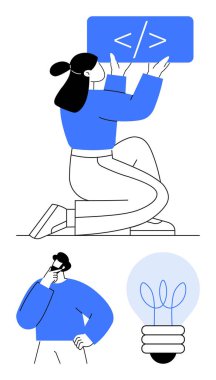 Kadının elinde kodlama parantezi işareti, erkeğin çenesinde elle düşünmesi ve ampulün yeniliği sembolize etmesi. Programlama, yenilik, yaratıcılık, problem çözme, teknoloji, beyin fırtınası için ideal