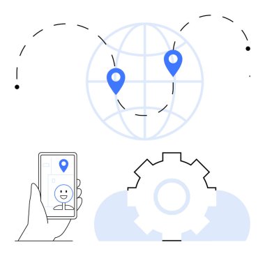 El ele tutuşan akıllı telefon konum şifreli, harita iğneli dünya, yeniliği simgeleyen teçhizat. Teknoloji, navigasyon, bağlantı, küreselleşme, dijital iletişim, seyahat otomasyonu için ideal