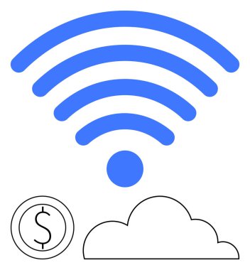 Mavi kablosuz sinyal, basit bulut ve dolar işaretli bozuk para bağlantıyı, bulut teknolojisini ve parayı vurgular. Teknoloji, internet, finans, kablosuz hizmetler dijital sektör için ideal