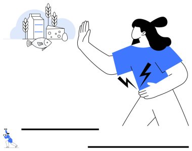 Midesini tutan bir kadın, alerjik maddeleri reddeden bir kadın süt ürünlerini, balıkları, buğdayı işaret ediyor. Alerji farkındalığı, sağlık uyarısı, beslenme kısıtlamaları, gıda hoşgörüsüzlüğü, kişisel bakım için ideal