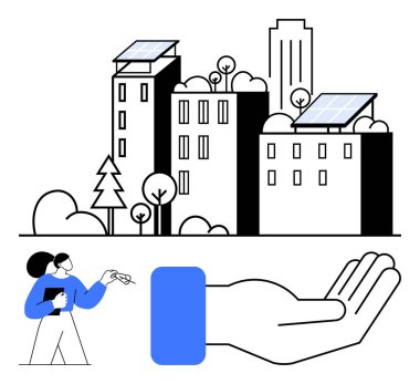 Şehir çatılarındaki güneş panelleri, yeşillik, anahtar sunan kadın, açık el hareketi. Sürdürülebilirlik, yenilenebilir enerji, eko-yaşam, kentsel planlama, toplumsal işbirliği için ideal