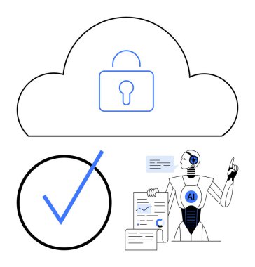Kilitli bulut, robot analiz çizelgeleri ve metin, büyük kontrol işareti. Veri güvenliği, bulut bilgisayarı, yapay zeka, şifreleme, gizlilik analizi teknolojisi için ideal. Temiz düz basit metafor