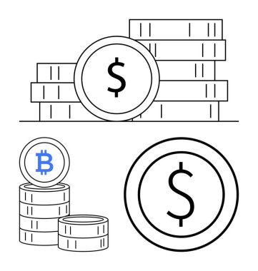 Dolar ve Bitcoin sembolleriyle istiflenmiş paralar mali büyüme, kripto para birikimi, tasarruf ve yatırımı simgeliyor. Bankacılık, fintech, ekonomi, zenginlik yönetimi ve dijital ticaret için ideal