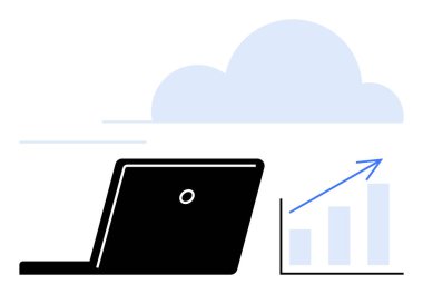 Bilgisayarı yukarı doğru ok ve arka planda bulut olan bir bar çizelgesinin yanında aç. Teknoloji, ilerleme, büyüme, veri analizi, iş dünyası, bulut hesaplaması, dijital dönüşüm için ideal. Düz