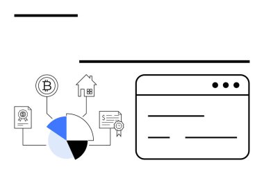 Bitcoin 'i, evi, sözleşme belgelerini ve defter defterini basit bir gösterge paneline bağlayan pasta grafiği. Finans, kripto para birimi, gayrimenkul, blok zinciri, yatırım analizi için ideal