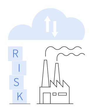 Duman yayan fabrika, okları olan bulut veri alışverişi yapan RİSK yığılı bloklar halinde. Endüstri güvenliği, emisyon izleme, sürdürülebilirlik, risk analizi, bulut stratejileri için ideal