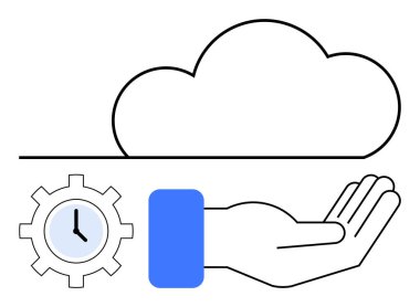 Bir bulut altında uzanan el, zaman yönetimini sembolize eden dişli bir saat ile destek ve yeniliği simgeliyor. Teknoloji, destek, yenilik, verimlilik, zaman, bulut hesaplama için ideal