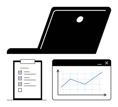 İşaretli görevleri ve çizgi grafiğini gösteren penceresi olan bir kontrol listesi ile birlikte dizüstü bilgisayar. Üretkenlik, proje yönetimi, veri analizi, organizasyon, planlama, iş akışı, strateji için ideal. Düz basit