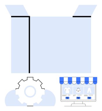 Teçhizat temsil etme süreci, bilgisayar ekranı çevrimiçi mağaza ürünleri gösteren kutuyu aç. E-ticaret, kişiselleştirme, lojistik, bütünleşme, imalat, perakende yaratıcılığı için ideal. Düz basit