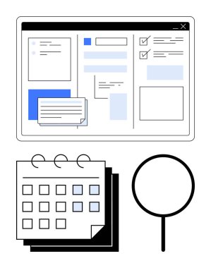 Kontrol listeleri ve notları olan görev paneli, takvim sayfaları ve büyüteç tanıtım, organizasyon, programlama ve odaklanma. Zaman yönetimi, planlama, verimlilik, strateji odaklama için ideal