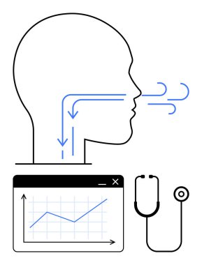 Hava akışı okları, steteskop ve tıbbi izleme gösteren analitik çizelgesi olan insan kafası. Sağlık, teşhis, solunum, teknoloji, analitik veri tıbbı için ideal. Düz basit