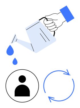 El ele tutuşan su, dairesel okların yanı sıra kullanıcı simgesine de dökülebilir. Büyüme, gelişme, destek, beslenme, sürdürülebilirlik, ilerleme ve yenilenme için ideal. Düz basit metafor