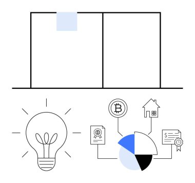 Ampul fikirleri sembolize eder, pasta grafiği, kripto para birimi, ev mülkiyeti, yenilik, planlama, yatırım veya strateji kavramlarını iletmek için sertifikalar. Gerçek finans sektörü için ideal