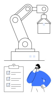Robotik kol iş başında, görevleri analiz eden mühendis, işaretli nesnelerle kontrol listesi. Otomasyon, robot bilimi, mühendislik, üretkenlik, planlama verimliliği için ideal. Düz basit