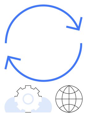Dairesel oklar, entegrasyonu, yeniliği ve bağlantıyı sembolize eden, vites ve dünya simgelerinin üzerindeki süreç akışını gösteriyor. Teknoloji, sistem güncellemeleri, iş akışı, küreselleşme, takım çalışması için ideal