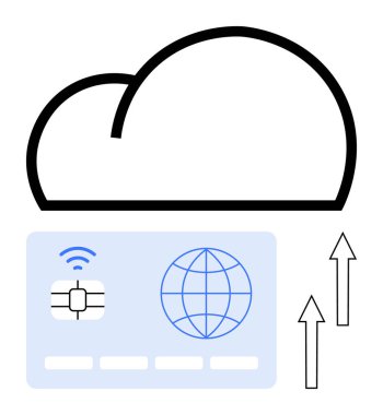 Üzerinde çip, kablosuz ikon, dünya sembolü ve yukarı bakan oklar olan akıllı kart görüntüsü. Finans, dijital ödeme, teknoloji, bulut hesaplama, güvenlik veri aktarımı için ideal
