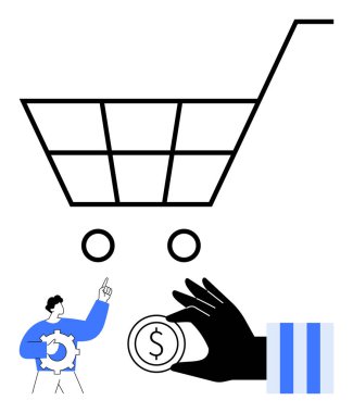 Büyük bir alışveriş arabası, dolar işareti ile el ele tutuşan, teçhizat gösteren, e-ticaret, alışveriş, ödeme, müşteri ilişkileri, finansal karar, perakende sade