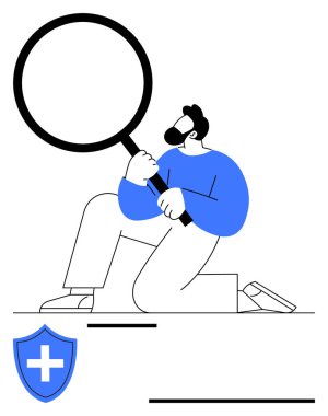 Bireysel diz çöküp tıbbi haçı olan bir kalkanın yanında büyük bir büyüteç tutuyor. Sağlık, arama, araştırma, güvenlik, güvenlik, destek ve analiz için ideal. Düz basit metafor