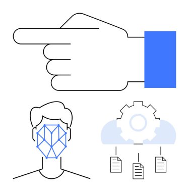 El işaretleme, geometrik yüz taraması, bulut üzerindeki teçhizat ve bağlı belgeler teknolojiyi, yapay zekayı, otomasyonu, veri işlemeyi, yüz tanıma iş akışını ve insan-makine etkileşimini sembolize ediyor. Düz basit